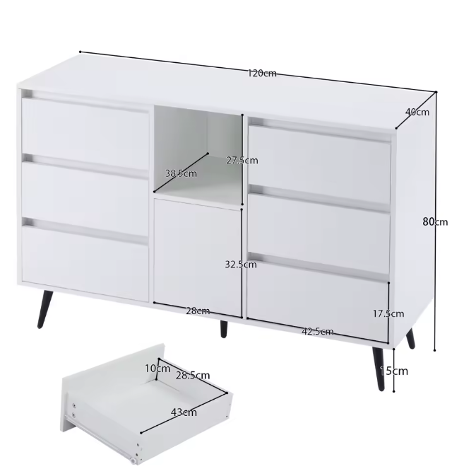 Dressoir met LED-Verlichting – 120×40×80 cm, 6 Lades en Push-Open Deuren
