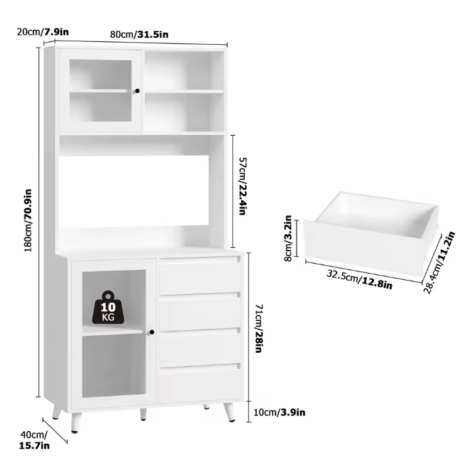Hoge Keukenkast met Glazen Deuren en 4 Lades – 80×40×180 cm