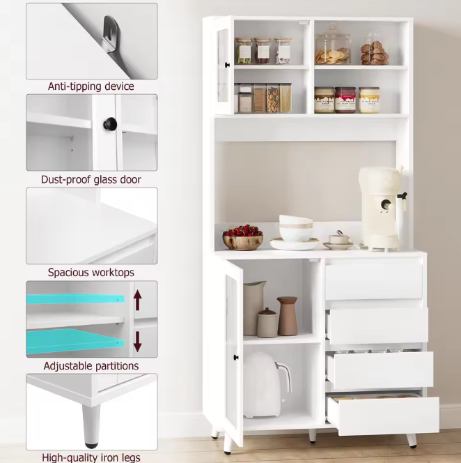 Hoge Keukenkast met Glazen Deuren en 4 Lades – 80×40×180 cm