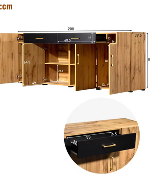 Dressoir met 4 Deuren en 2 Lades – 208×39,5×80 cm Opbergkast