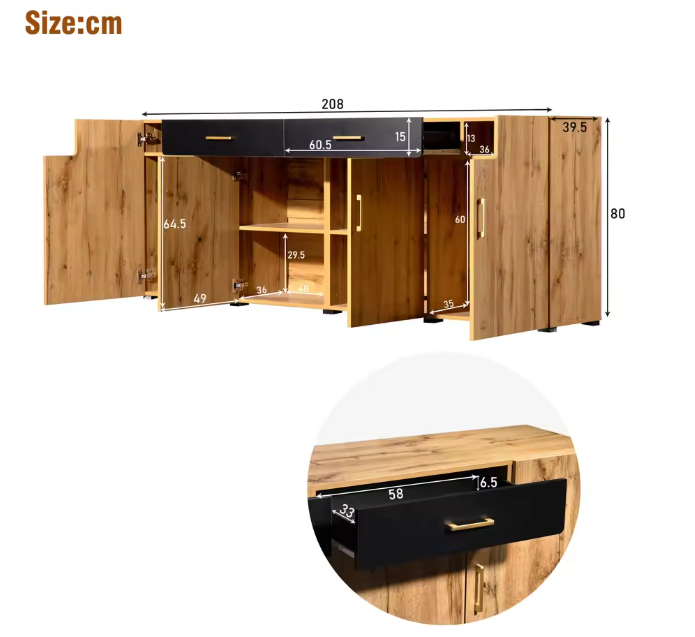 Dressoir met 4 Deuren en 2 Lades – 208×39,5×80 cm Opbergkast
