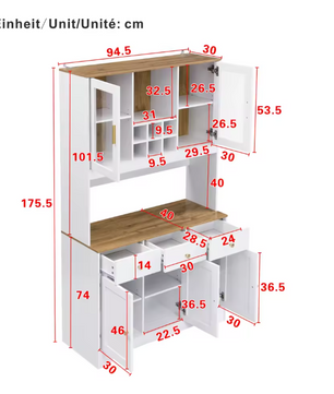 Hoge Keukenkast met Lades en Glazen Deuren – 94,5×30×175,5 cm, Witte Houtnerf
