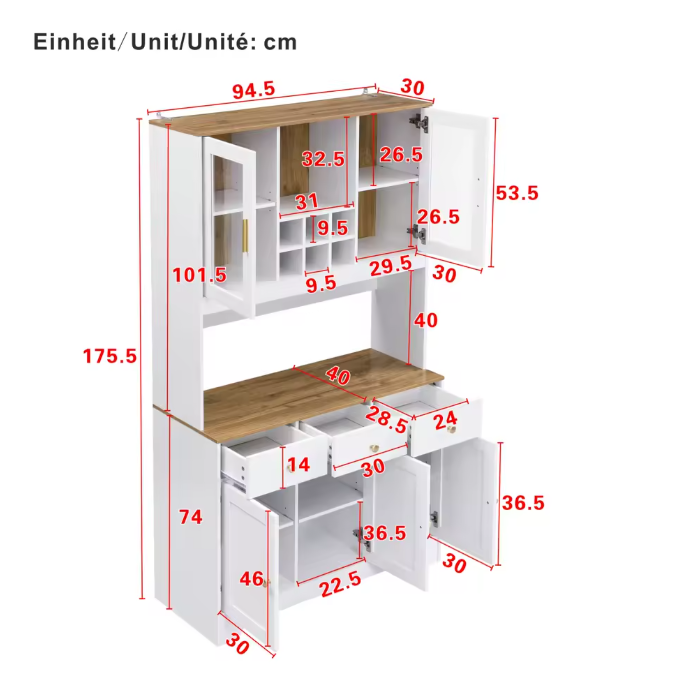 Hoge Keukenkast met Lades en Glazen Deuren – 94,5×30×175,5 cm, Witte Houtnerf