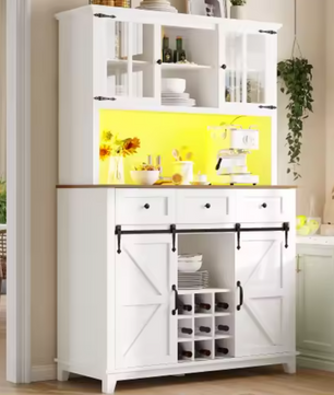 Keukenkast met LED-Verlichting – Moderne Buffetkast met Glazen Deuren en Schuifdeur, 105×38,4×180 cm