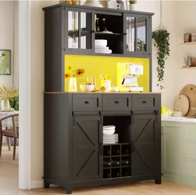 Keukenkast met LED-Verlichting – Moderne Buffetkast met Glazen Deuren en Schuifdeur, 105×38,4×180 cm