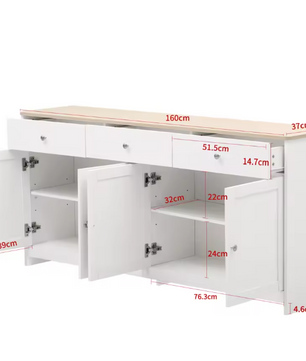 Dressoir met 4 Deuren en 3 Lades – Wit Houtnerf, 160×37×75 cm