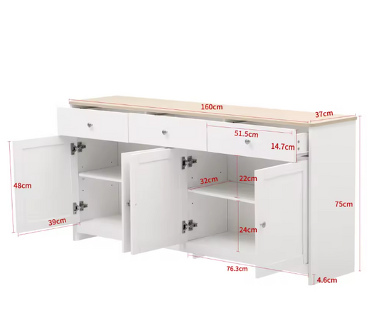Dressoir met 4 Deuren en 3 Lades – Wit Houtnerf, 160×37×75 cm