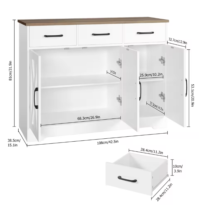 Dressoir met 3 Lades en 3 Deuren – Keukenkast met Werkblad, 108×38.5×81 cm