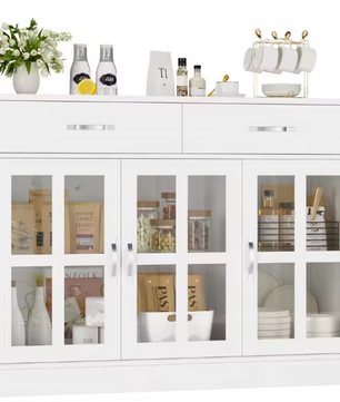 Wit Keukendressoir met 3 Laden en 3 Glazen Deuren – Dressoir 120×84×40 cm