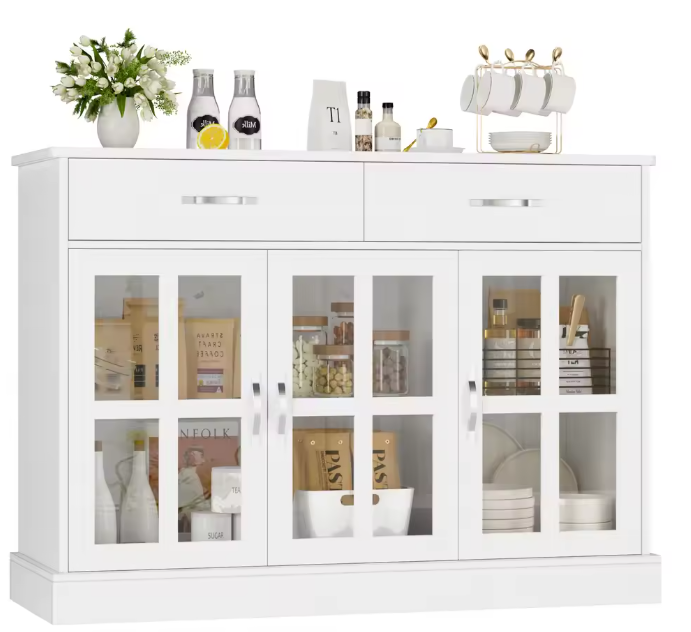 Wit Keukendressoir met 3 Laden en 3 Glazen Deuren – Dressoir 120×84×40 cm