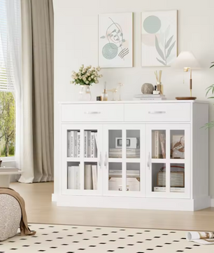 Wit Keukendressoir met 3 Laden en 3 Glazen Deuren – Dressoir 120×84×40 cm