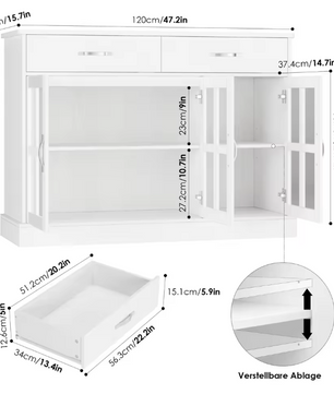 Wit Keukendressoir met 3 Laden en 3 Glazen Deuren – Dressoir 120×84×40 cm