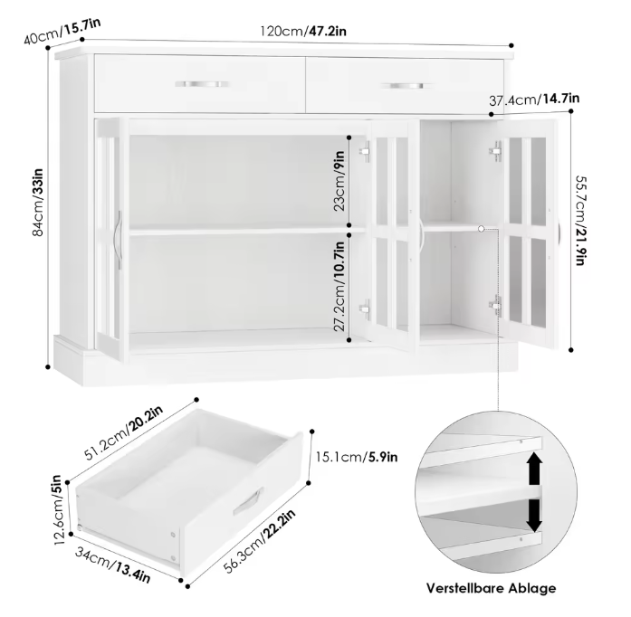 Wit Keukendressoir met 3 Laden en 3 Glazen Deuren – Dressoir 120×84×40 cm