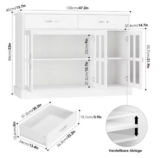 Wit Keukendressoir met 3 Laden en 3 Glazen Deuren – Dressoir 120×84×40 cm
