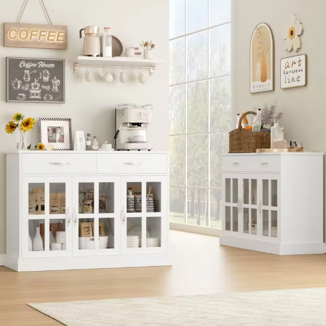 Wit Keukendressoir met 3 Laden en 3 Glazen Deuren – Dressoir 120×84×40 cm