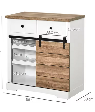 Keukenkast met Schuifdeur en Flessenrek – Dressoir met Lades en Planken, Wit 80×39×86 cm