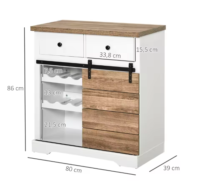 Keukenkast met Schuifdeur en Flessenrek – Dressoir met Lades en Planken, Wit 80×39×86 cm