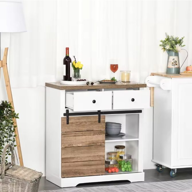 Keukenkast met Schuifdeur en Flessenrek – Dressoir met Lades en Planken, Wit 80×39×86 cm