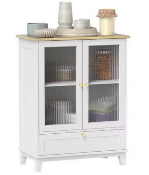 Dressoir met Glazen Deuren – Wit en Eiken, Compact en Elegant (68×35×85 cm)