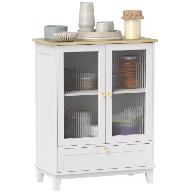 Dressoir met Glazen Deuren – Wit en Eiken, Compact en Elegant (68×35×85 cm)