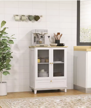 Dressoir met Glazen Deuren – Wit en Eiken, Compact en Elegant (68×35×85 cm)