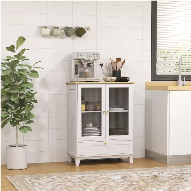 Dressoir met Glazen Deuren – Wit en Eiken, Compact en Elegant (68×35×85 cm)