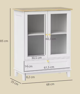 Dressoir met Glazen Deuren – Wit en Eiken, Compact en Elegant (68×35×85 cm)