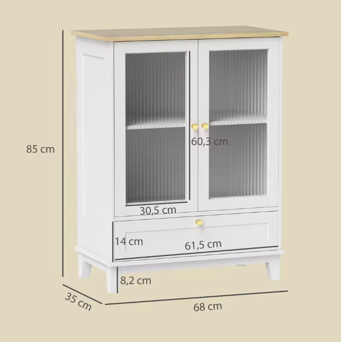 Dressoir met Glazen Deuren – Wit en Eiken, Compact en Elegant (68×35×85 cm)