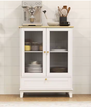 Dressoir met Glazen Deuren – Wit en Eiken, Compact en Elegant (68×35×85 cm)