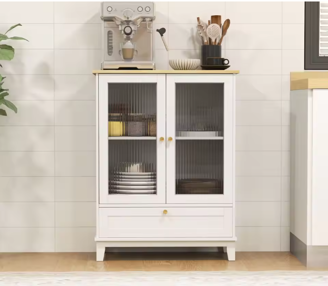 Dressoir met Glazen Deuren – Wit en Eiken, Compact en Elegant (68×35×85 cm)