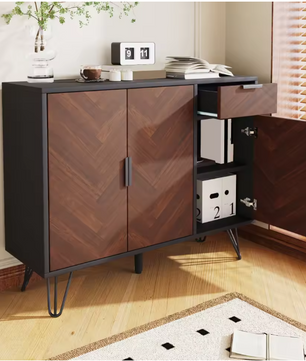 Zwart Houten Opbergkast – Sideboard met Verstelbare Planken