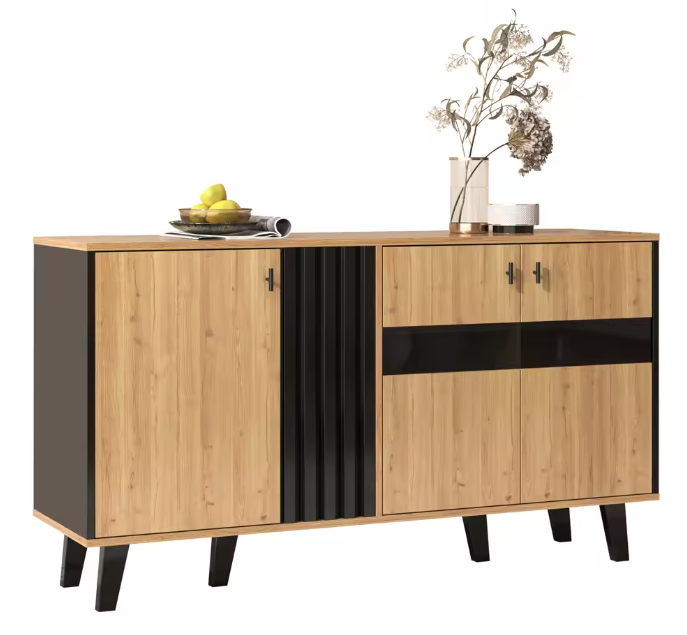 Dressoir met LED-Verlichting – Modern Houten Opbergmeubel met Glaspanelen