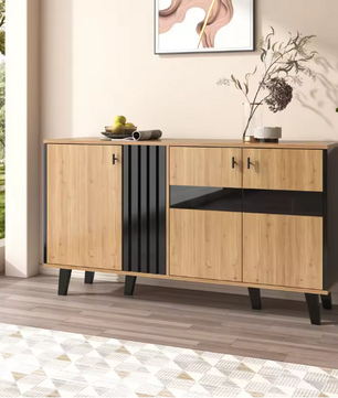 Dressoir met LED-Verlichting – Modern Houten Opbergmeubel met Glaspanelen