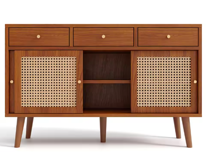 Massief Houten Dressoirkast – 3 Lades, 3 Schuifdeuren en Verstelbare Planken (120×40×78 cm)