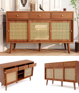 Massief Houten Dressoirkast – 3 Lades, 3 Schuifdeuren en Verstelbare Planken (120×40×78 cm)