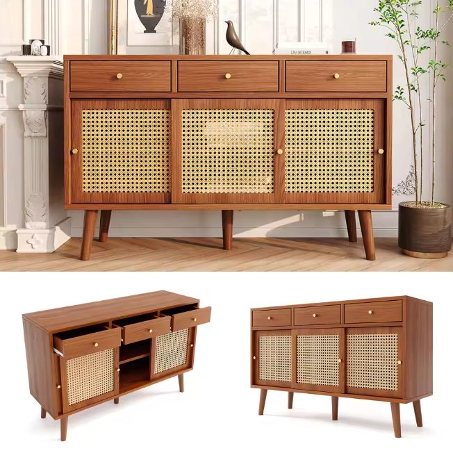 Massief Houten Dressoirkast – 3 Lades, 3 Schuifdeuren en Verstelbare Planken (120×40×78 cm)