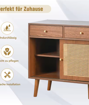 Massief Houten Dressoirkast – 3 Lades, 3 Schuifdeuren en Verstelbare Planken (120×40×78 cm)