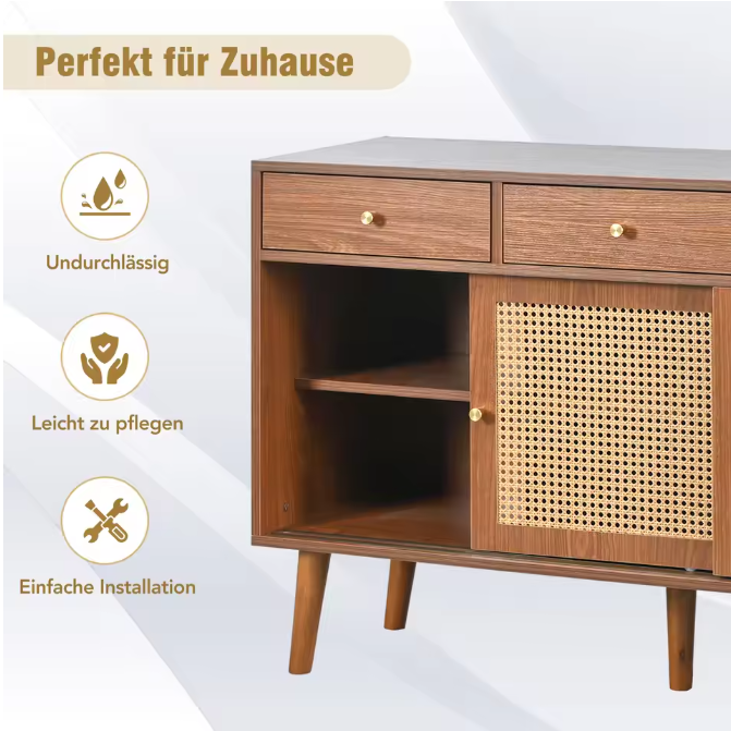 Massief Houten Dressoirkast – 3 Lades, 3 Schuifdeuren en Verstelbare Planken (120×40×78 cm)