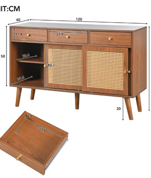 Massief Houten Dressoirkast – 3 Lades, 3 Schuifdeuren en Verstelbare Planken (120×40×78 cm)