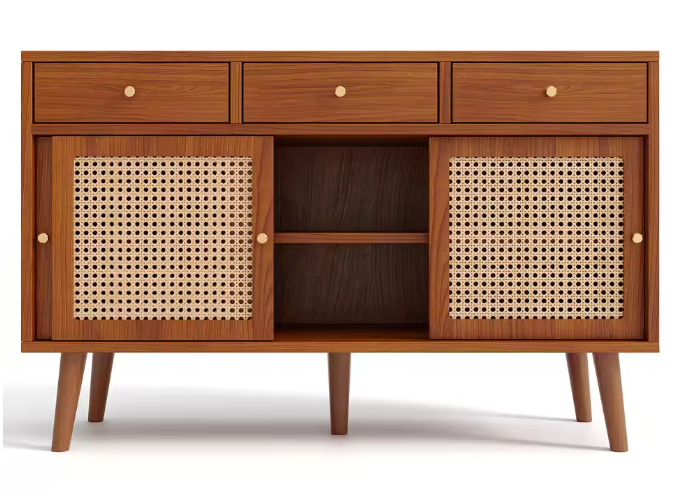 Massief Houten Dressoirkast – 3 Lades, 3 Schuifdeuren en Verstelbare Planken (120×40×78 cm)