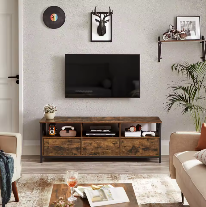 Industrieel Lowboard TV-Meubel – 3 Laden en Open Vakken (147×40×50 cm)