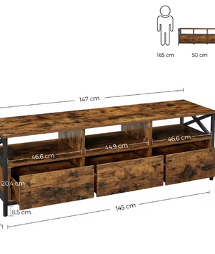 Industrieel Lowboard TV-Meubel – 3 Laden en Open Vakken (147×40×50 cm)