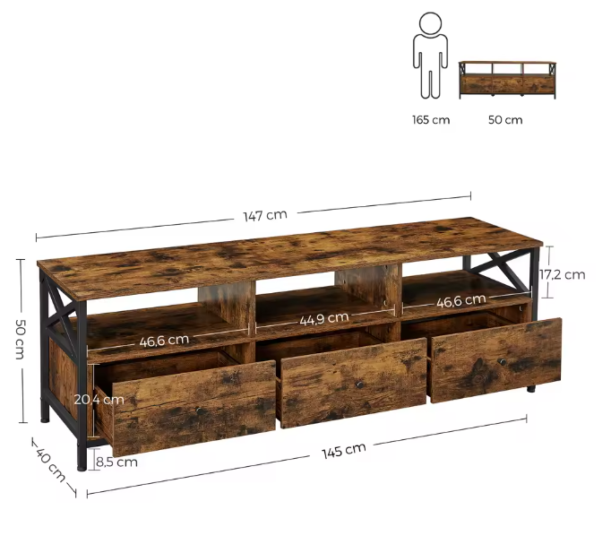 Industrieel Lowboard TV-Meubel – 3 Laden en Open Vakken (147×40×50 cm)