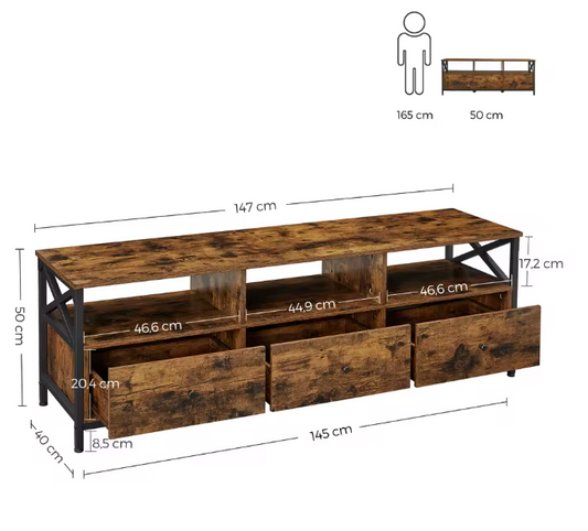 Industrieel Lowboard TV-Meubel – 3 Laden en Open Vakken (147×40×50 cm)