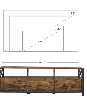 Industrieel Lowboard TV-Meubel – 3 Laden en Open Vakken (147×40×50 cm)