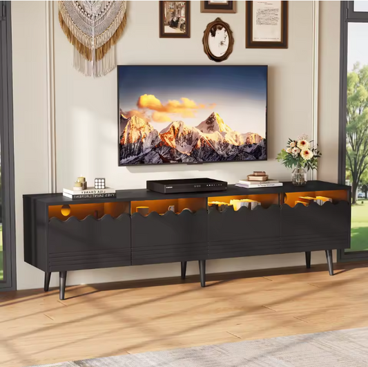 Modern Lowboard TV-Meubel met LED en Glazen Accenten – 176×38×45 cm