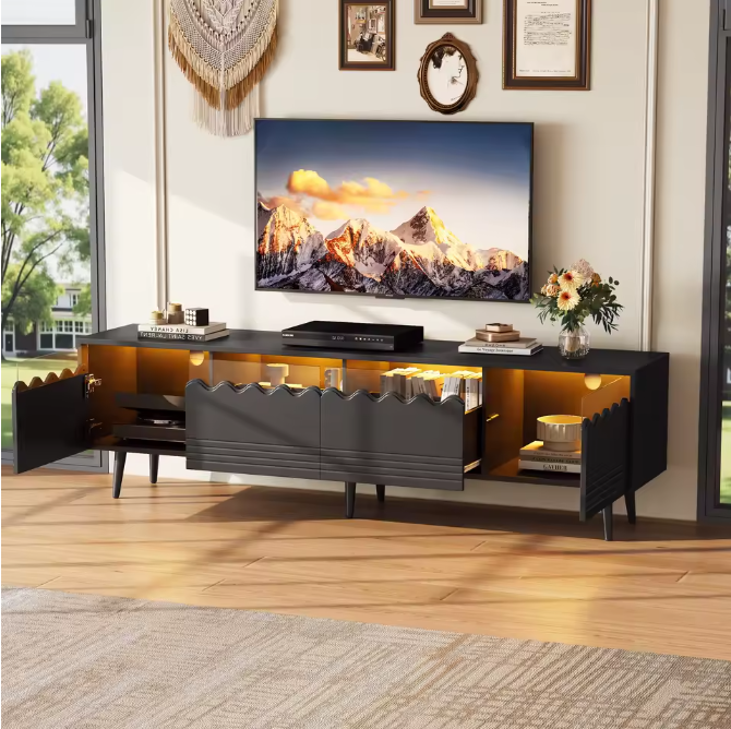 Modern Lowboard TV-Meubel met LED en Glazen Accenten – 176×38×45 cm