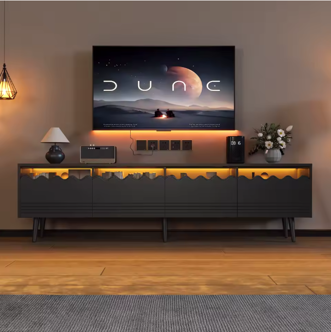 Modern Lowboard TV-Meubel met LED en Glazen Accenten – 176×38×45 cm