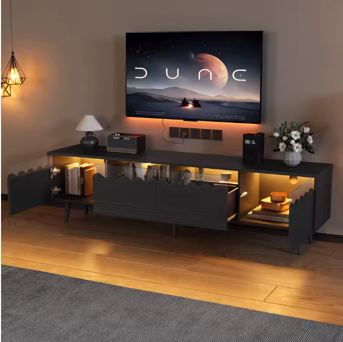 Modern Lowboard TV-Meubel met LED en Glazen Accenten – 176×38×45 cm