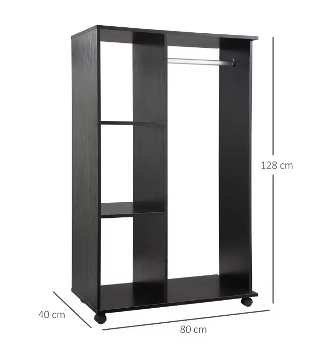 Kledingkast met Wielen – Open Planken en Hangrail, 80×40×128 cm